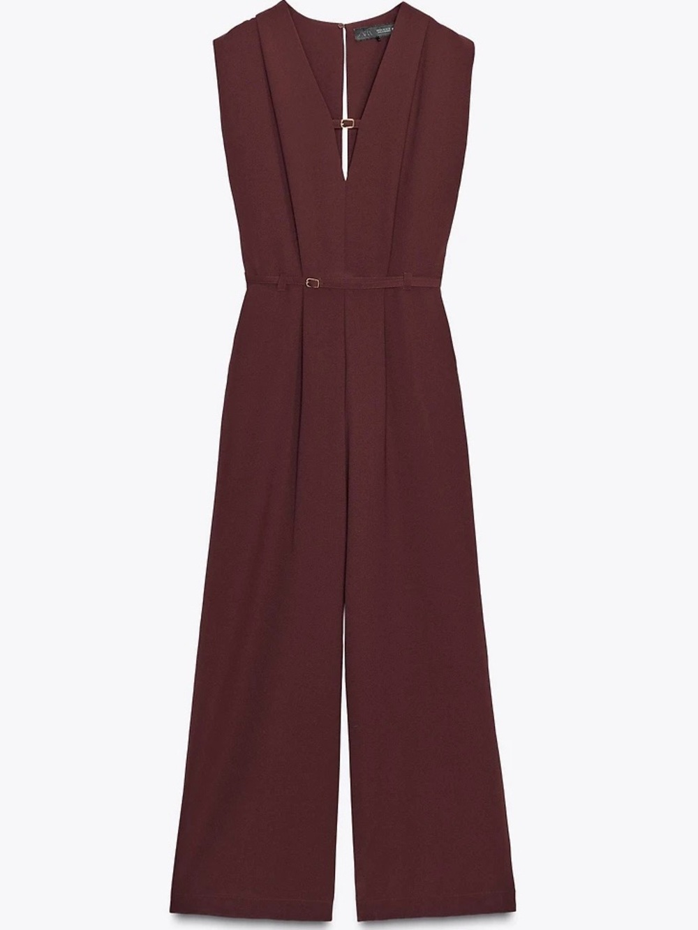 Zara Wide-Leg Belted Jumpsuit Maroon Size Small Elegant V-Neck Wide Leg - Picture 4 of 16